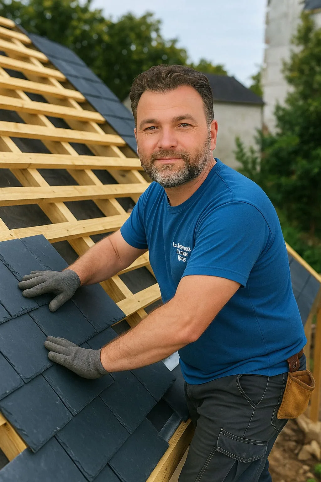 Artisan couvreur posant des ardoises naturelles sur des liteaux, chantier dans le Finistère