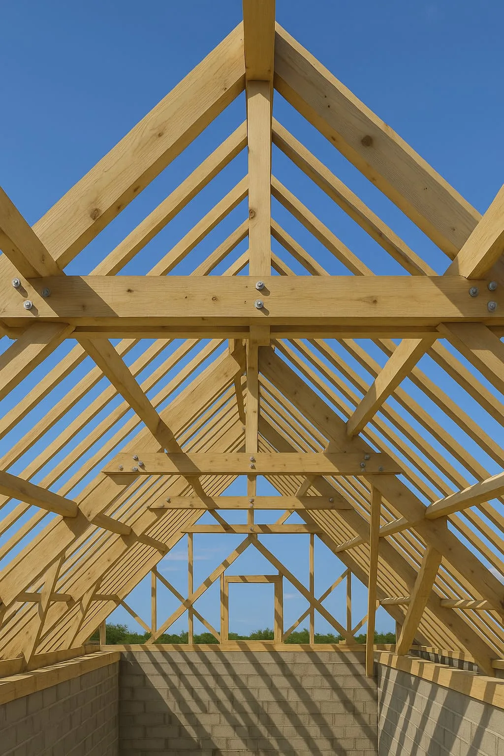 Charpente traditionnelle en bois assemblée, vue depuis l'intérieur du comble