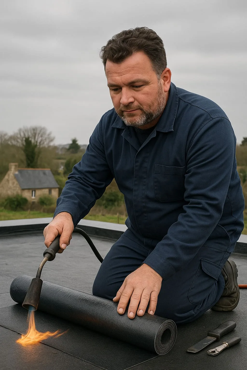 Artisan soudant au chalumeau une membrane bitumineuse sur une toiture-terrasse